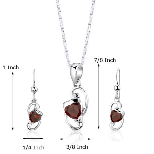 Garnet Pendant Earrings Set Sterling Silver Heart Shape 2 carat