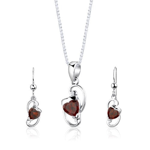 Garnet Pendant Earrings Set Sterling Silver Heart Shape 2 carat