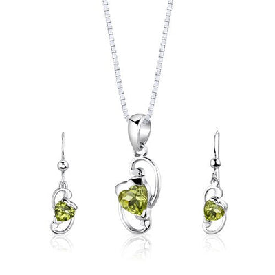 Peridot Pendant Earrings Set Sterling Silver Heart 1.75 Carats