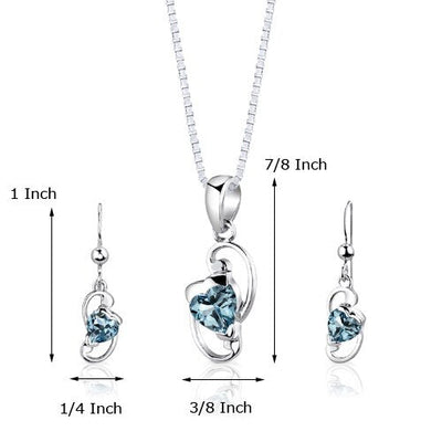 Swiss Blue Topaz Pendant Earrings Set Sterling Silver Heart