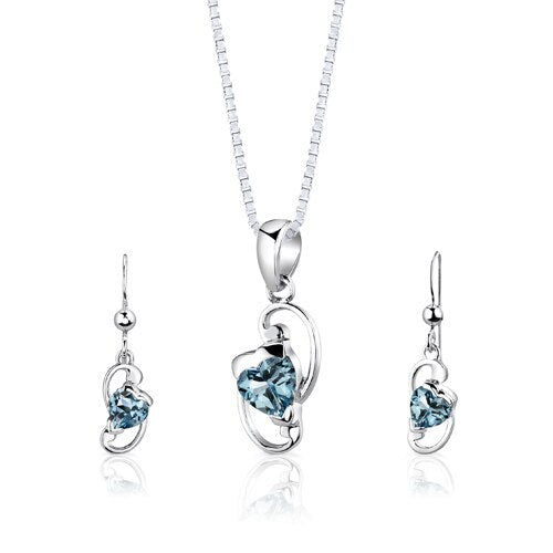 Swiss Blue Topaz Pendant Earrings Set Sterling Silver Heart