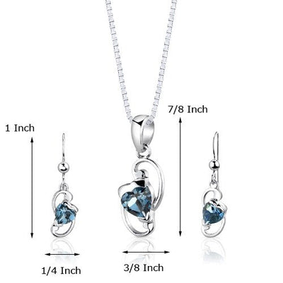 London Blue Topaz Pendant Earrings Set Sterling Silver Heart