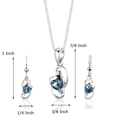 London Blue Topaz Pendant Earrings Set Sterling Silver Heart