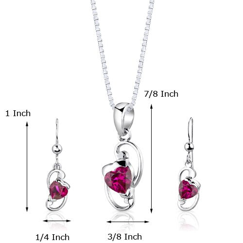 Ruby Pendant Earrings Set Sterling Silver Heart Shape 2 Carats