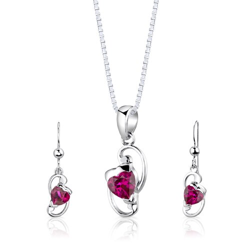 Ruby Pendant Earrings Set Sterling Silver Heart Shape 2 Carats