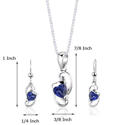 Blue Sapphire Pendant Earrings Set Sterling Silver Heart 2 cts