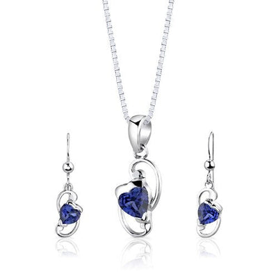 Blue Sapphire Pendant Earrings Set Sterling Silver Heart 2 cts