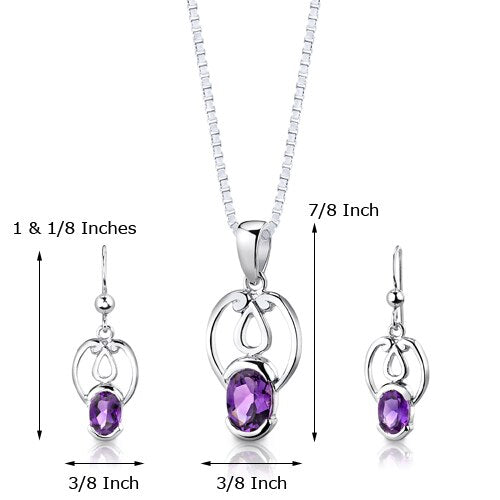 Amethyst Pendant Earrings Set Sterling Silver Oval Shape 2 cts