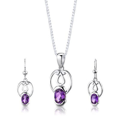 Amethyst Pendant Earrings Set Sterling Silver Oval Shape 2 cts