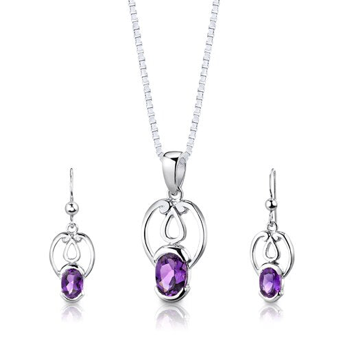 Amethyst Pendant Earrings Set Sterling Silver Oval Shape 2 cts