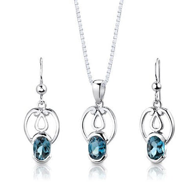 London Blue Topaz Pendant Earrings Set Sterling Silver Oval