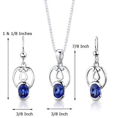 Blue Sapphire Pendant Earrings Set Sterling Silver Oval