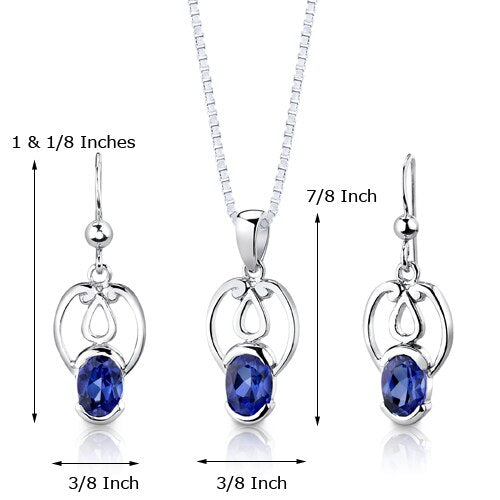 Blue Sapphire Pendant Earrings Set Sterling Silver Oval