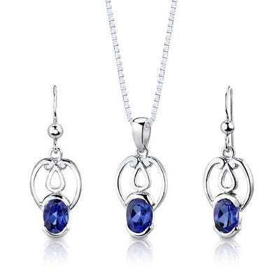 Blue Sapphire Pendant Earrings Set Sterling Silver Oval