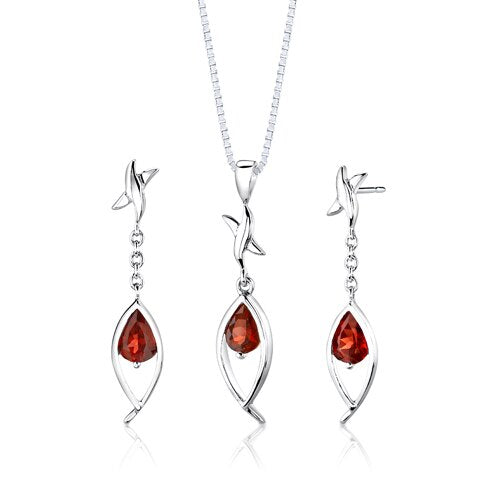 Garnet Pendant Earrings Set Sterling Silver Pear Shape 2.25 cts