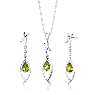 Peridot Pendant Earrings Set Sterling Silver Pear Shape 2 carat