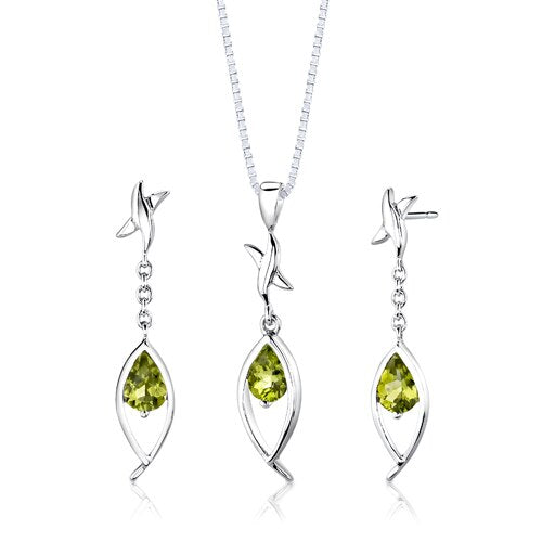 Peridot Pendant Earrings Set Sterling Silver Pear Shape 2 carat