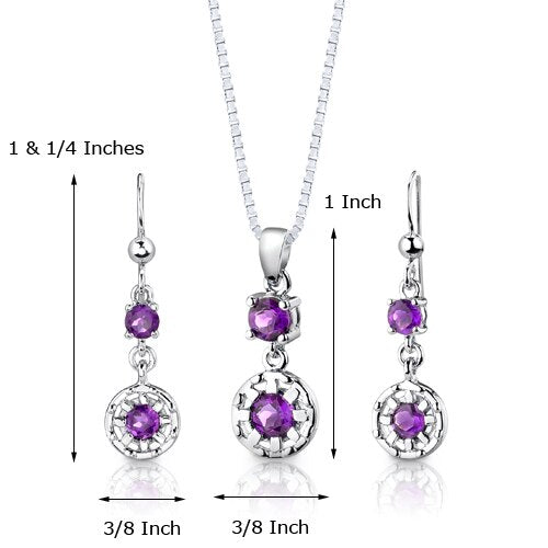 Amethyst Pendant Earrings Set Sterling Silver Round Shape 2 cts