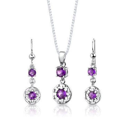 Amethyst Pendant Earrings Set Sterling Silver Round Shape 2 cts