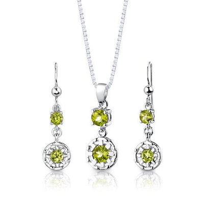 Peridot Pendant Earrings Set Sterling Silver Round Shape 2 cts