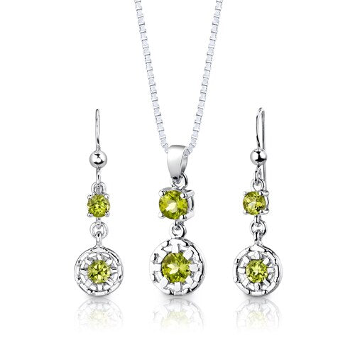 Peridot Pendant Earrings Set Sterling Silver Round Shape 2 cts