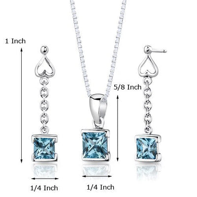 Swiss Blue Topaz Pendant Earrings Set Sterling Silver Princess