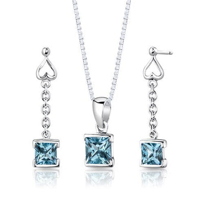 Swiss Blue Topaz Pendant Earrings Set Sterling Silver Princess