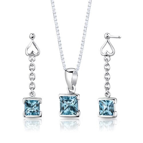 Swiss Blue Topaz Pendant Earrings Set Sterling Silver Princess