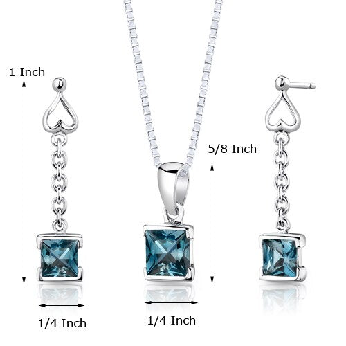 London Blue Topaz Pendant Earrings Set Sterling Silver Princess