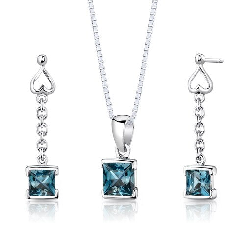 London Blue Topaz Pendant Earrings Set Sterling Silver Princess