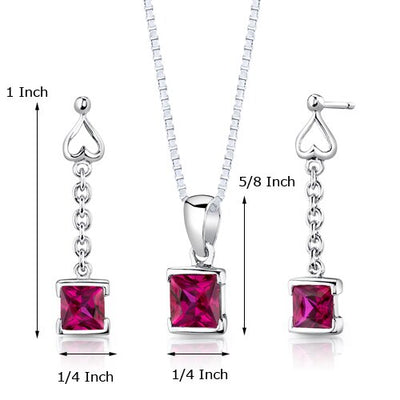 Ruby Pendant Earrings Set Sterling Silver Princess 2.75 Carats