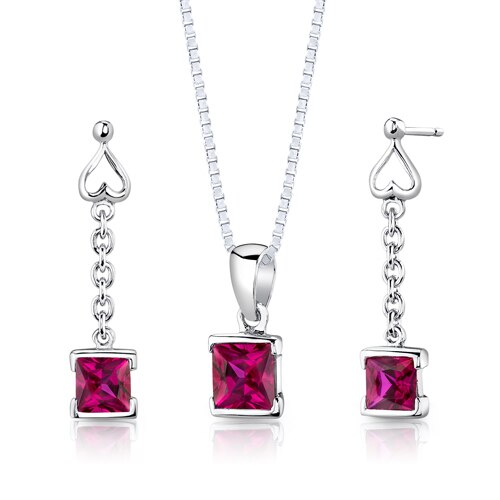 Ruby Pendant Earrings Set Sterling Silver Princess 2.75 Carats