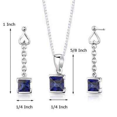 Blue Sapphire Pendant Earrings Set Sterling Silver Princess SS2942