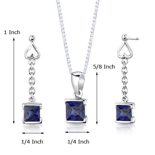 Blue Sapphire Pendant Earrings Set Sterling Silver Princess SS2942