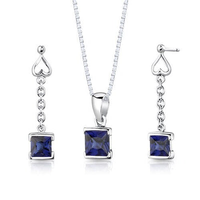 Blue Sapphire Pendant Earrings Set Sterling Silver Princess SS2942