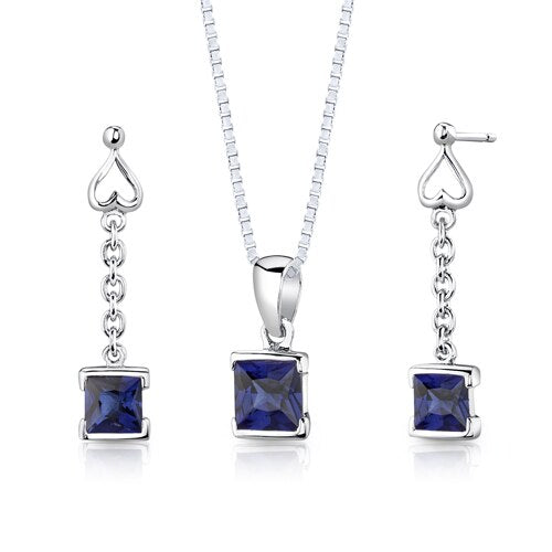 Blue Sapphire Pendant Earrings Set Sterling Silver Princess SS2942