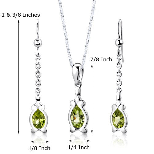 Peridot Pendant Earrings Set Sterling Silver Pear 2.25 Carats