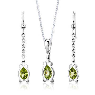 Peridot Pendant Earrings Set Sterling Silver Pear 2.25 Carats