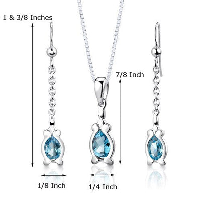 Swiss Blue Topaz Pendant Earrings Set Sterling Silver Pear