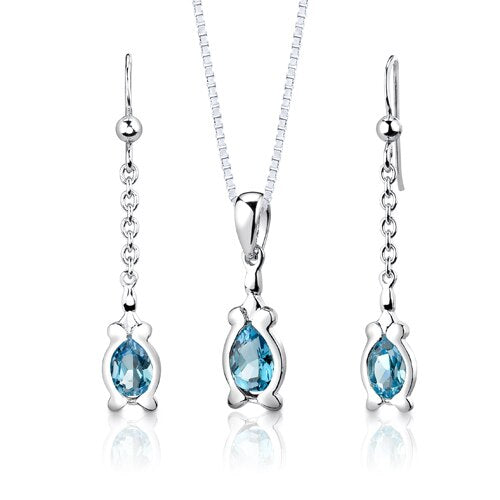 Swiss Blue Topaz Pendant Earrings Set Sterling Silver Pear