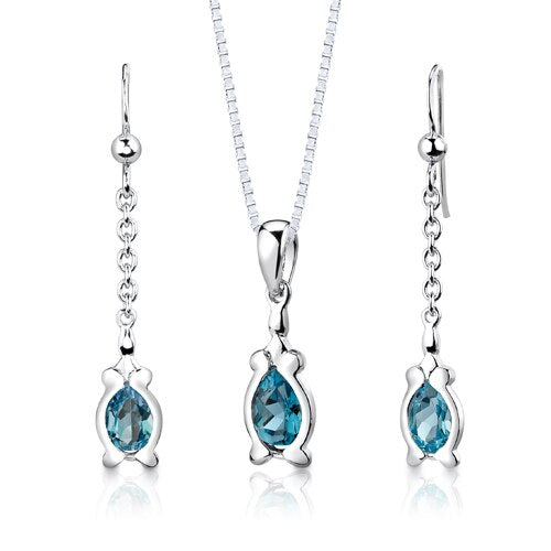 London Blue Topaz Pendant Earrings Set Sterling Silver Pear