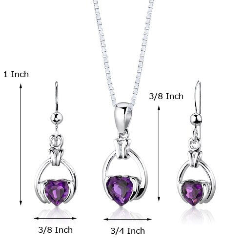 Amethyst Pendant Earrings Set Sterling Silver Heart 1.75 Carats