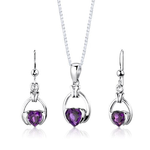 Amethyst Pendant Earrings Set Sterling Silver Heart 1.75 Carats