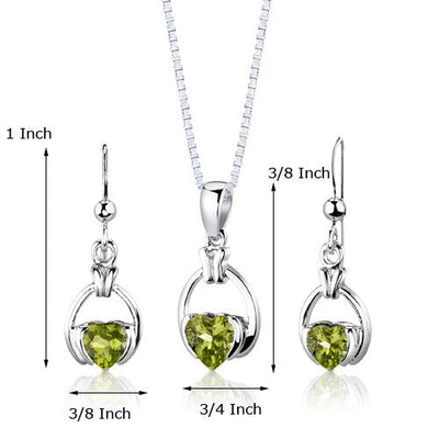 Peridot Pendant Earrings Set Sterling Silver Heart 1.75 Carats