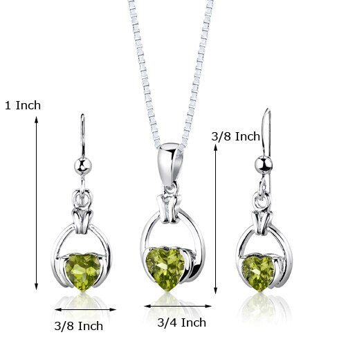 Peridot Pendant Earrings Set Sterling Silver Heart 1.75 Carats