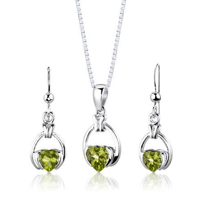 Peridot Pendant Earrings Set Sterling Silver Heart 1.75 Carats