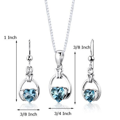 Swiss Blue Topaz Pendant Earrings Set Sterling Silver Heart