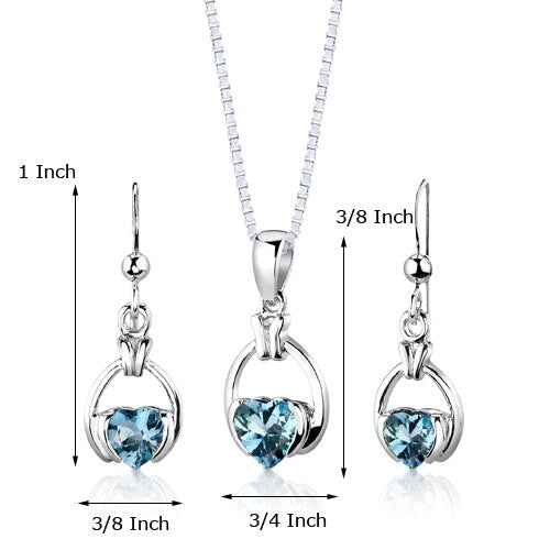 Swiss Blue Topaz Pendant Earrings Set Sterling Silver Heart