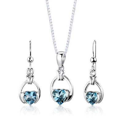 Swiss Blue Topaz Pendant Earrings Set Sterling Silver Heart