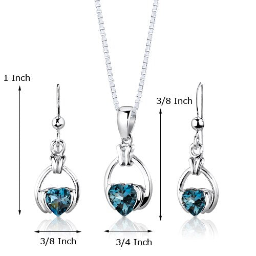 London Blue Topaz Pendant Earrings Set Sterling Silver Heart